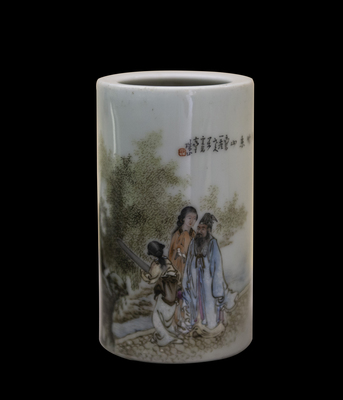 民国名家万云岩绘粉彩人物纹笔筒